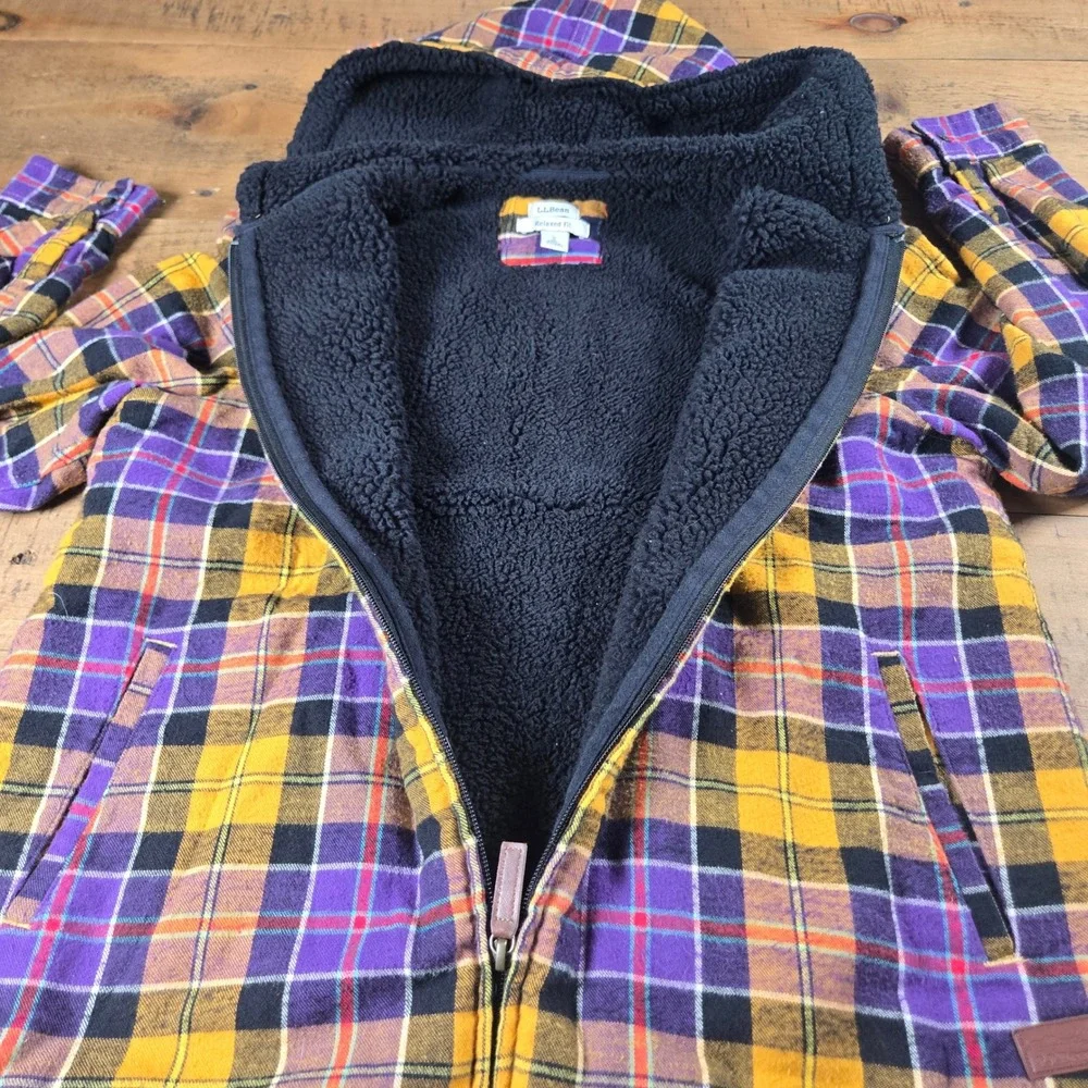LL Bean Relaxed Fit Sherpa Lined Flannel Hoodie Purple Gold Plaid 505453 Small